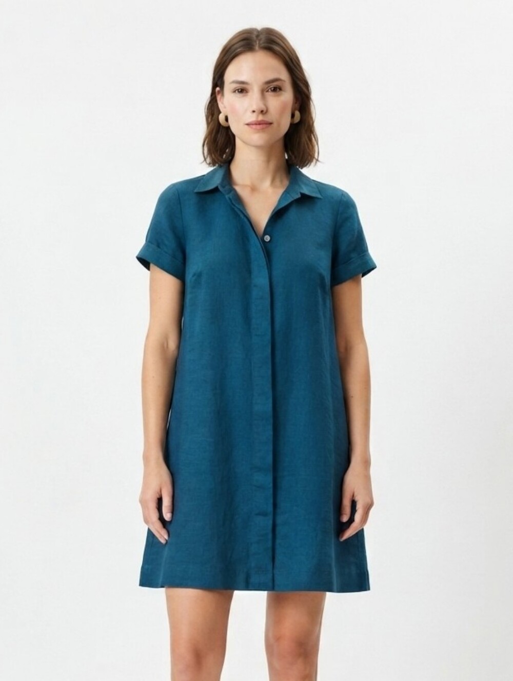 J.Jill Love Linen Shirt Dress Short Sleeve Pockets Size S Navy Blue